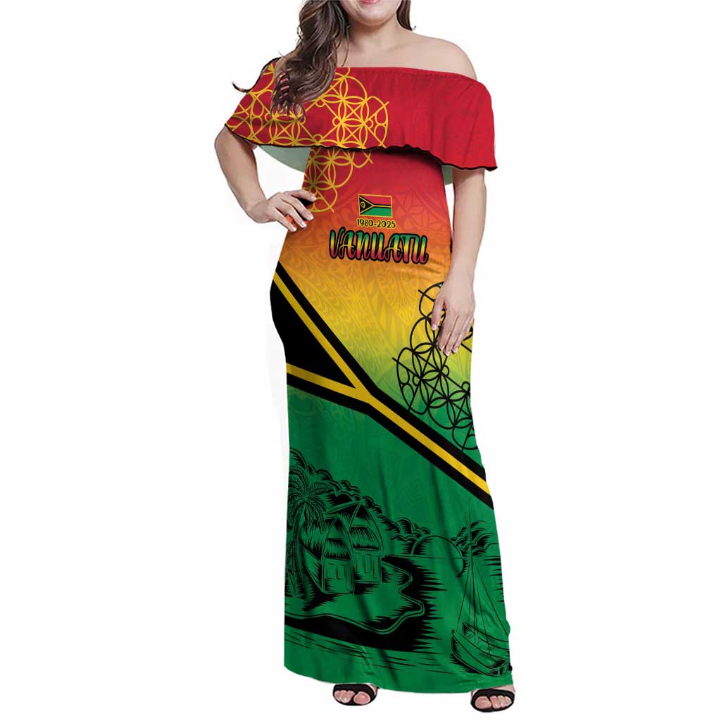 Hapi 45th Indipendens Dei Vanuatu Family Matching Off Shoulder Maxi Dress and Hawaiian Shirt Yumi 1980 with Vanuatuan Beach Landscape