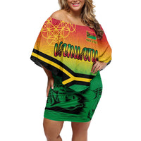 Hapi 45th Indipendens Dei Vanuatu Family Matching Off Shoulder Short Dress and Hawaiian Shirt Yumi 1980 with Vanuatuan Beach Landscape