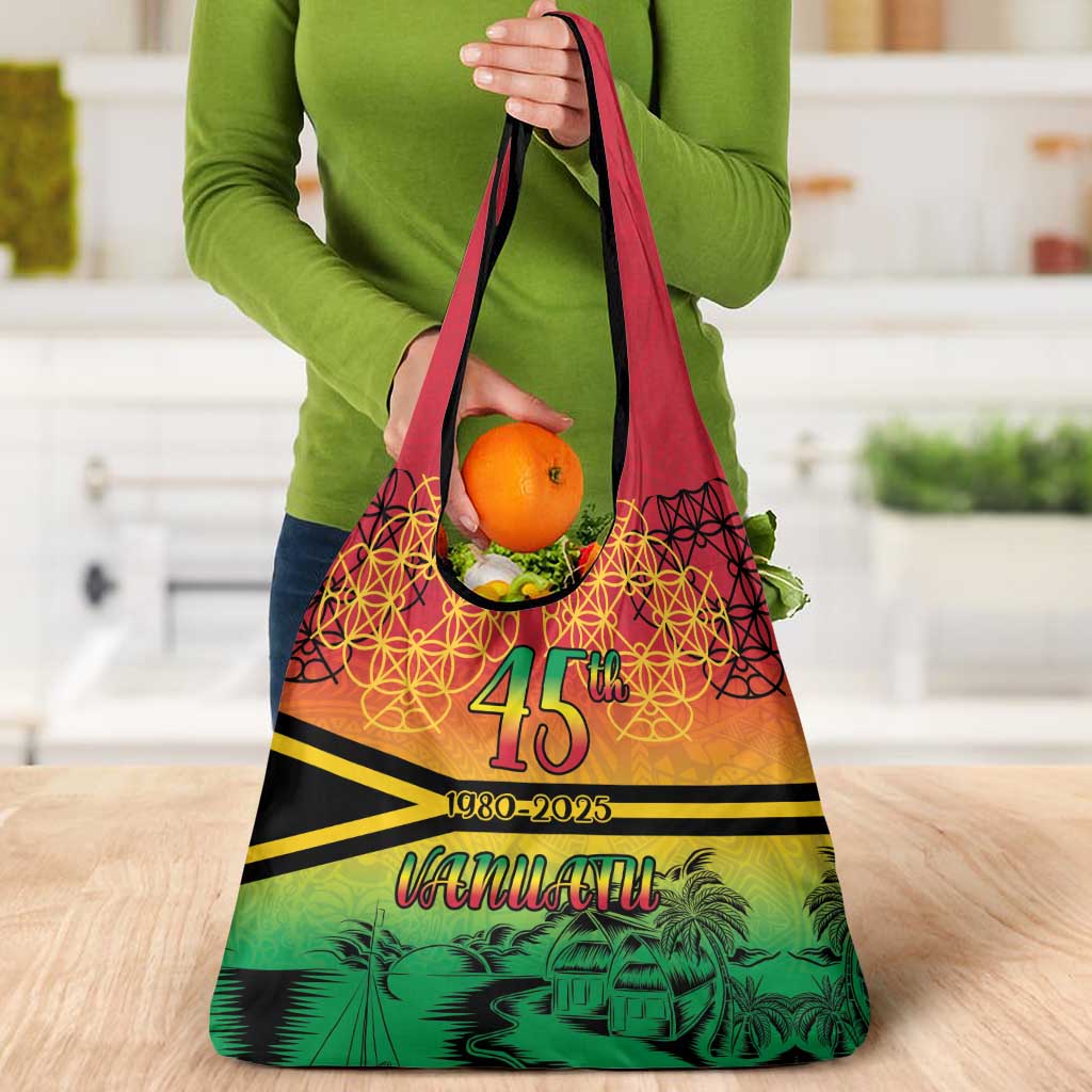 Hapi 45th Indipendens Dei Vanuatu Grocery Bag Yumi 1980 with Vanuatuan Beach Landscape