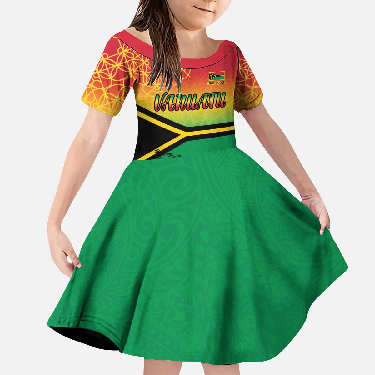 Hapi 45th Indipendens Dei Vanuatu Kid Short Sleeve Dress Yumi 1980 with Vanuatuan Beach Landscape