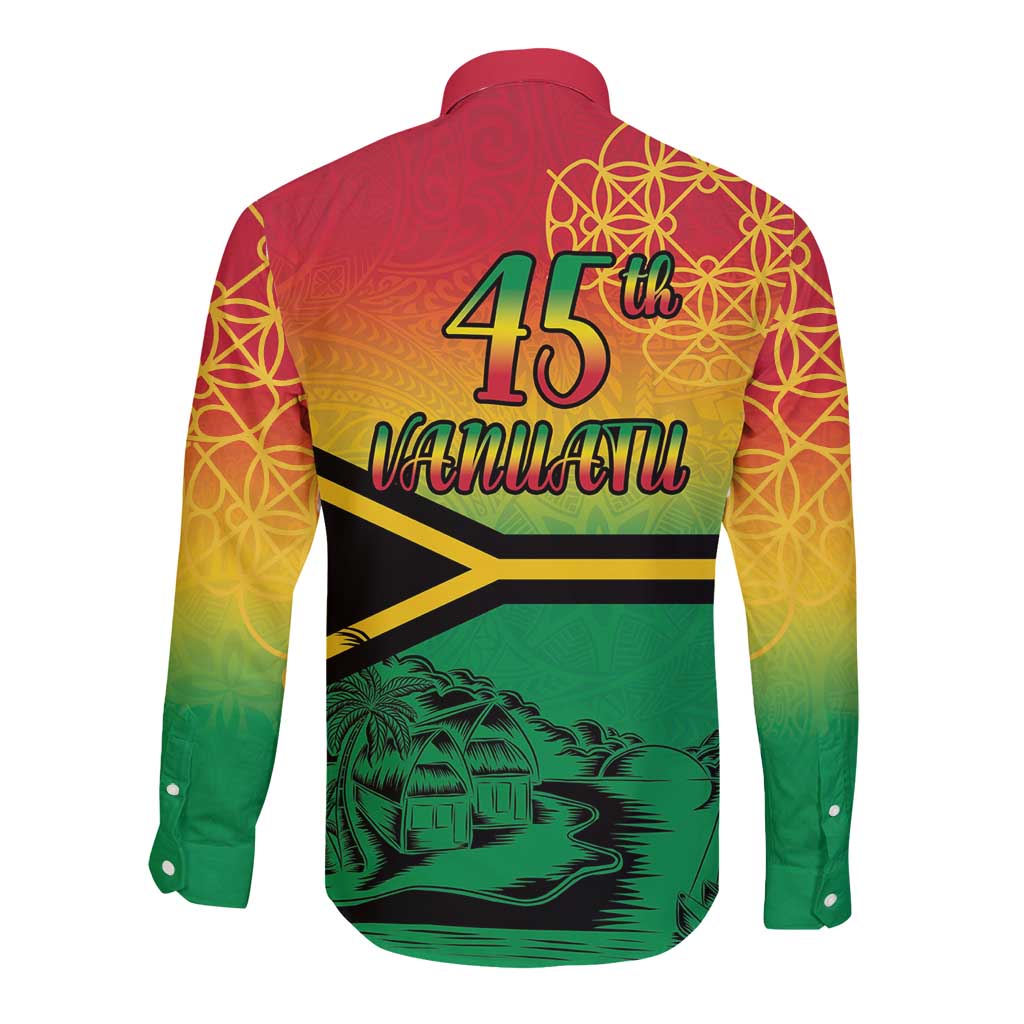 Hapi 45th Indipendens Dei Vanuatu Long Sleeve Button Shirt Yumi 1980 with Vanuatuan Beach Landscape