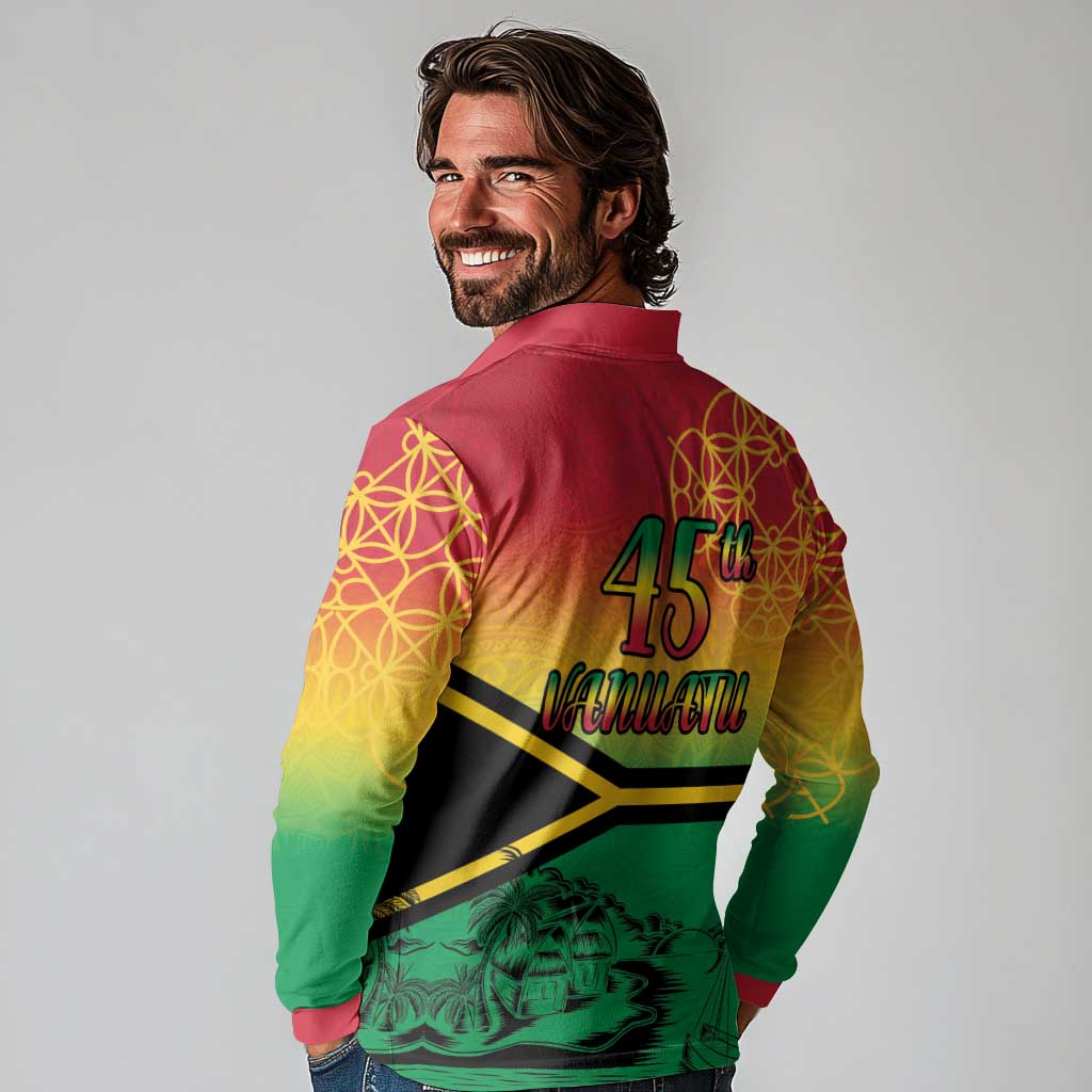 Hapi 45th Indipendens Dei Vanuatu Long Sleeve Polo Shirt Yumi 1980 with Vanuatuan Beach Landscape