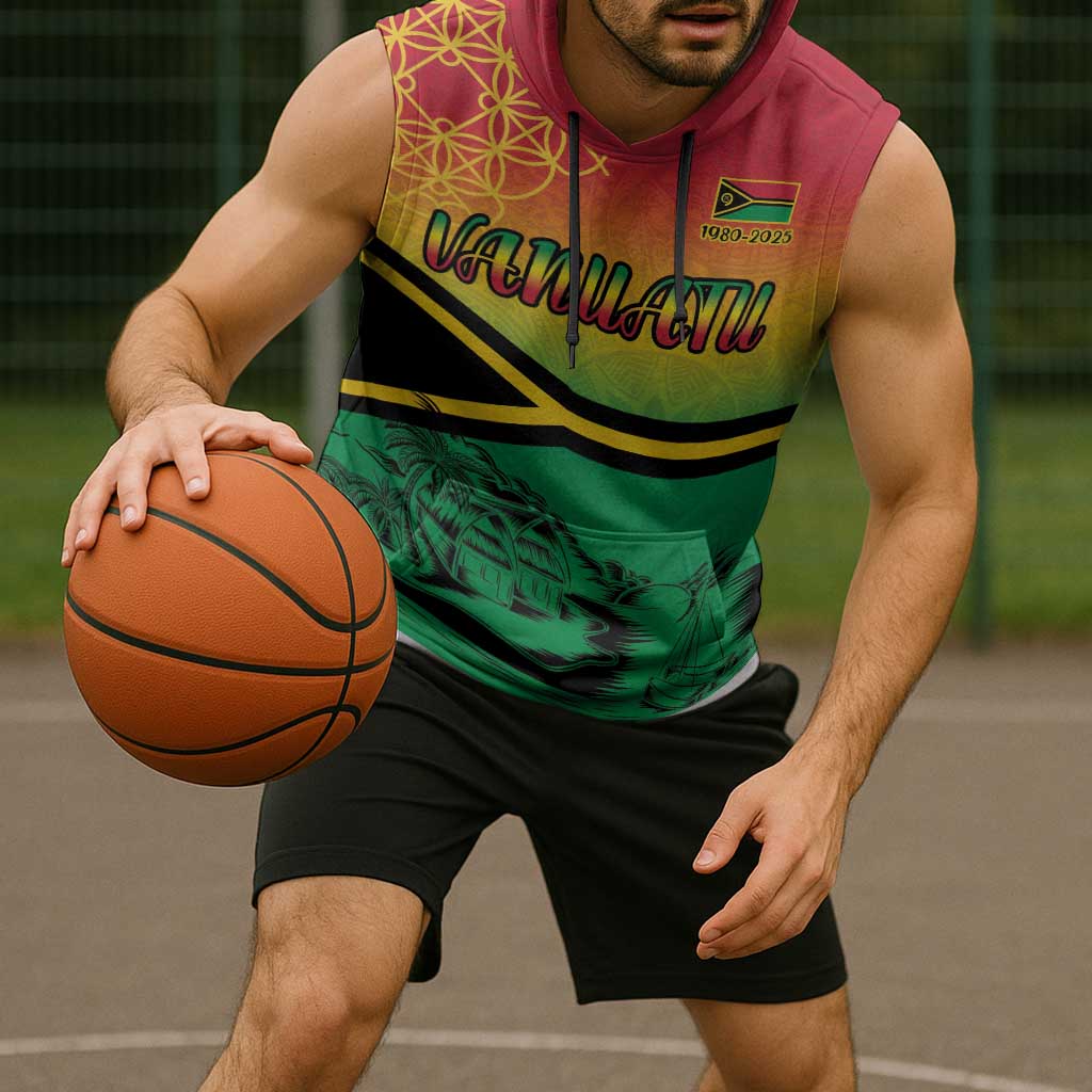 Hapi 45th Indipendens Dei Vanuatu Sleeveless Hoodie Yumi 1980 with Vanuatuan Beach Landscape - Polynesian Pride