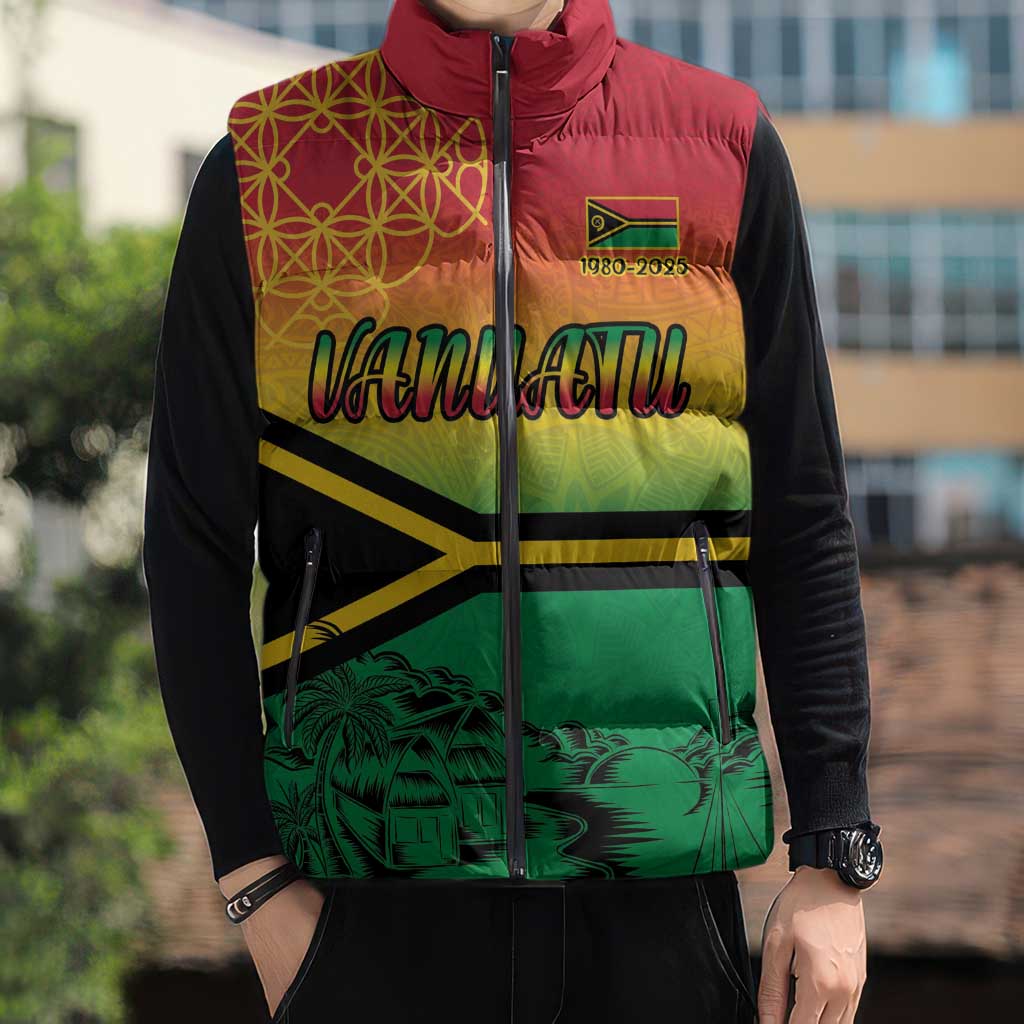 Hapi 45th Indipendens Dei Vanuatu Sleeveless Puffer Jacket Yumi 1980 with Vanuatuan Beach Landscape - Polynesian Pride