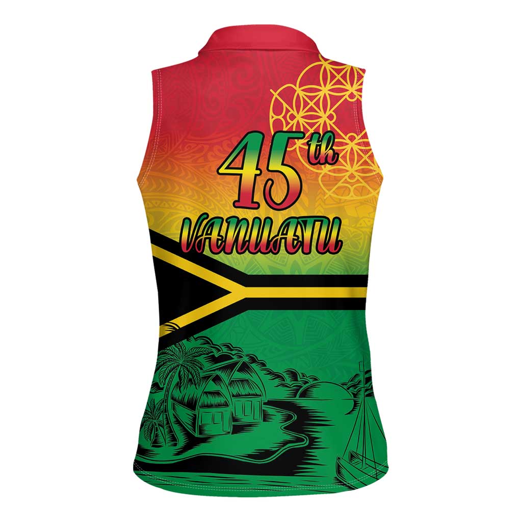 Hapi 45th Indipendens Dei Vanuatu Women Sleeveless Polo Shirt Yumi 1980 with Vanuatuan Beach Landscape