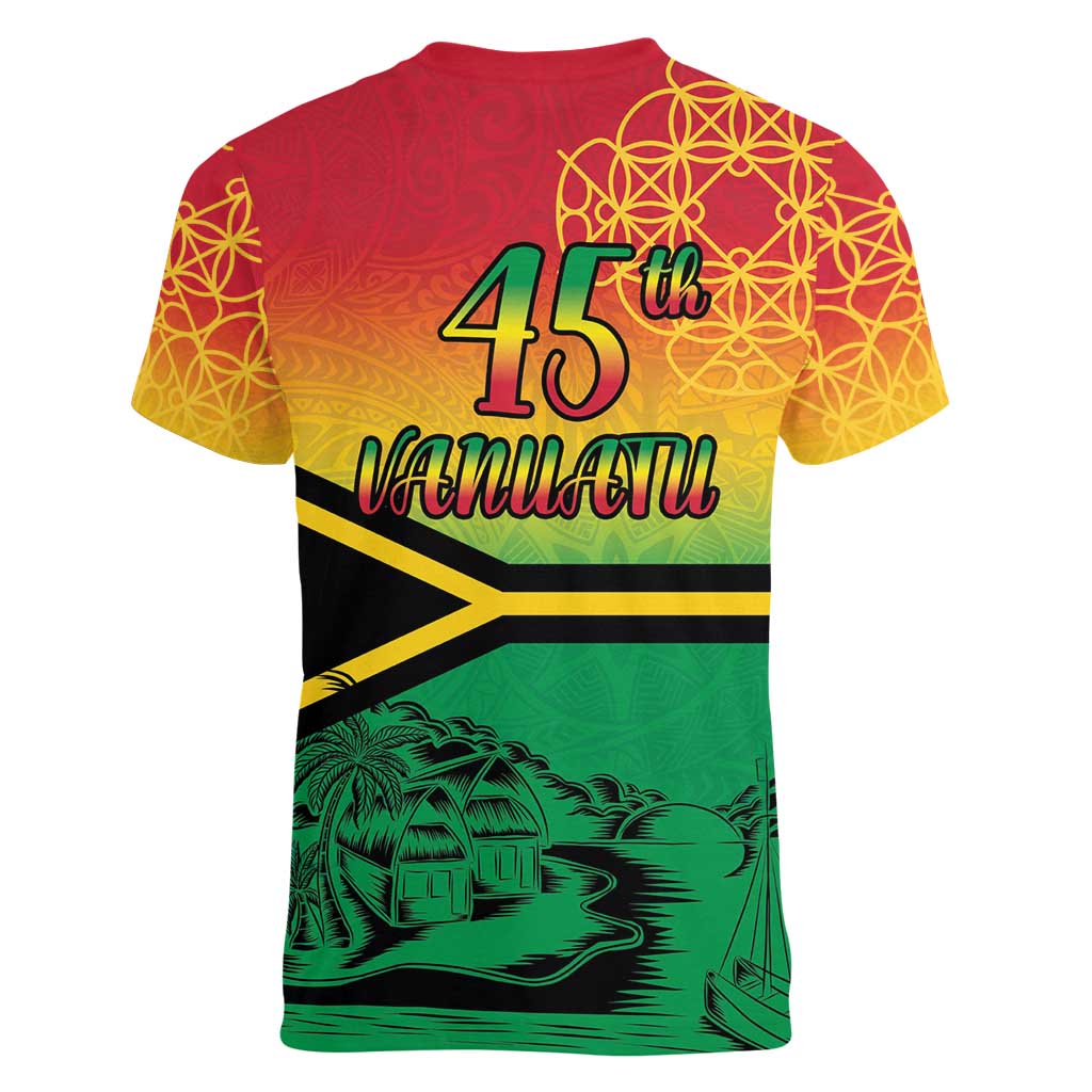 Hapi 45th Indipendens Dei Vanuatu Women V-Neck T-Shirt Yumi 1980 with Vanuatuan Beach Landscape