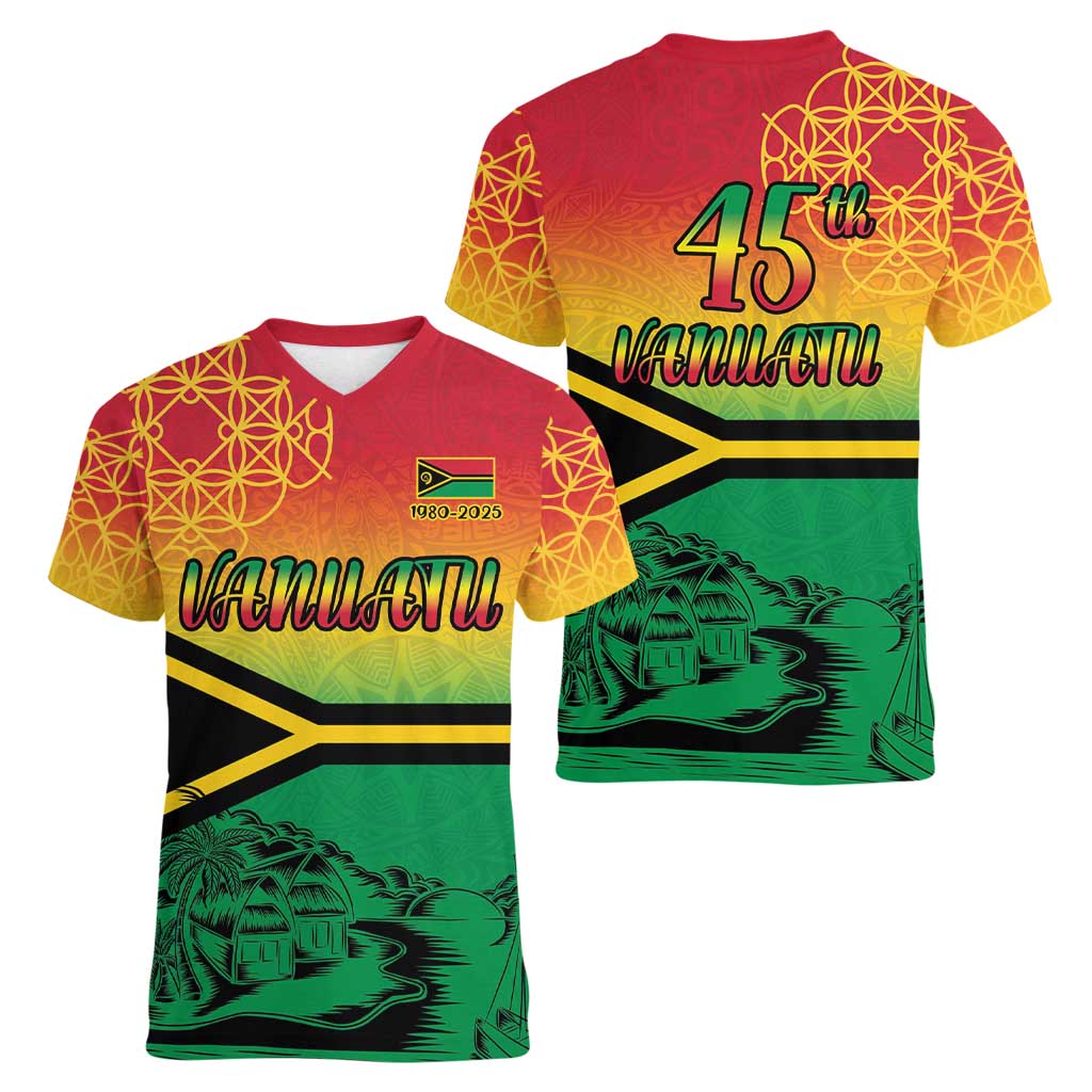 Hapi 45th Indipendens Dei Vanuatu Women V-Neck T-Shirt Yumi 1980 with Vanuatuan Beach Landscape