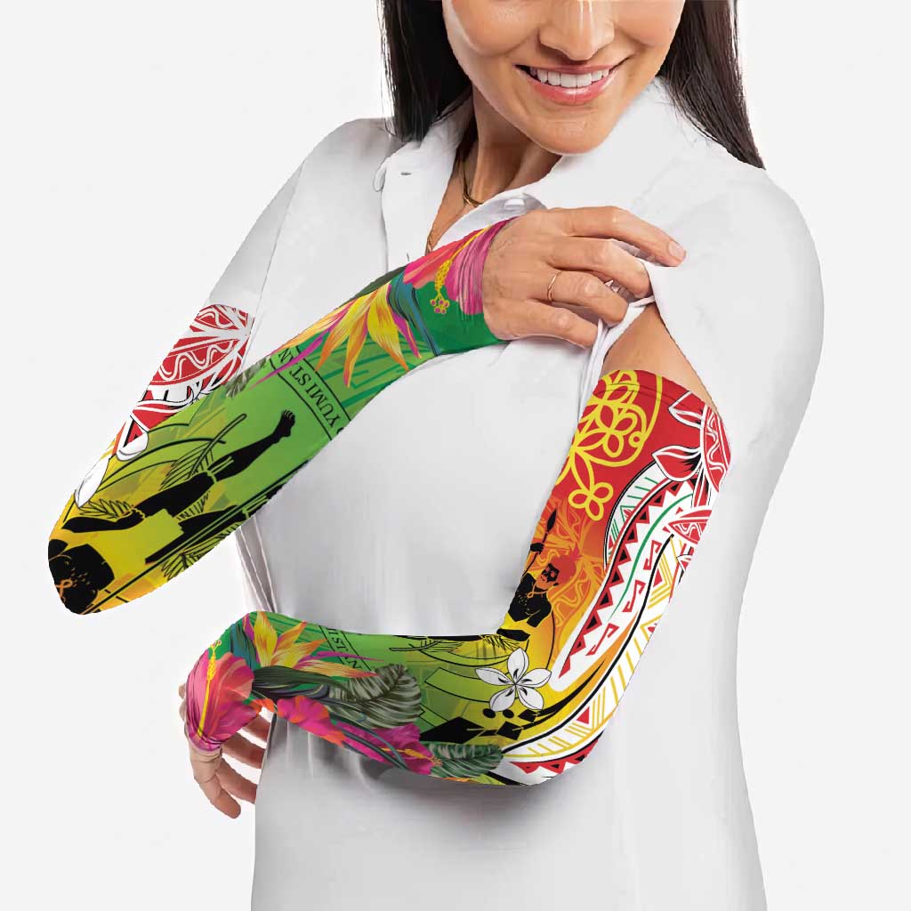 Vanuatu 45th Anniversary Arm Sleeves Polynesian with Sand Drawing Pattern - Polynesian Pride