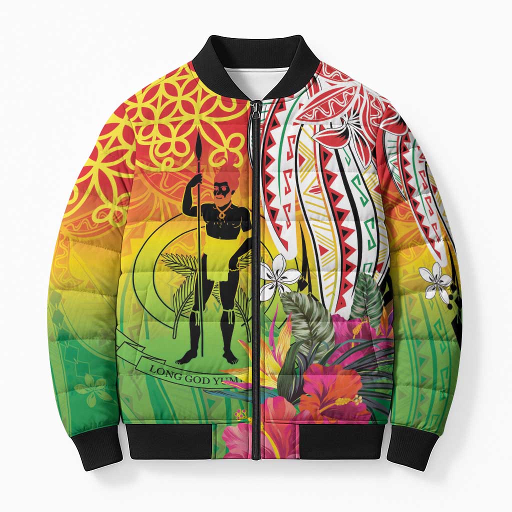 Vanuatu 45th Anniversary Bomber Puffer Jacket Polynesian with Sand Drawing Pattern - Polynesian Pride