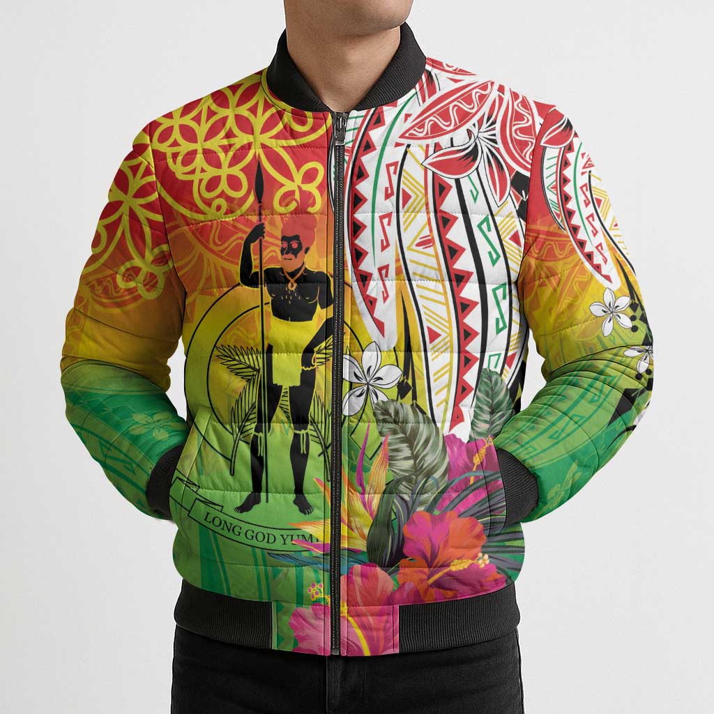 Vanuatu 45th Anniversary Bomber Puffer Jacket Polynesian with Sand Drawing Pattern - Polynesian Pride