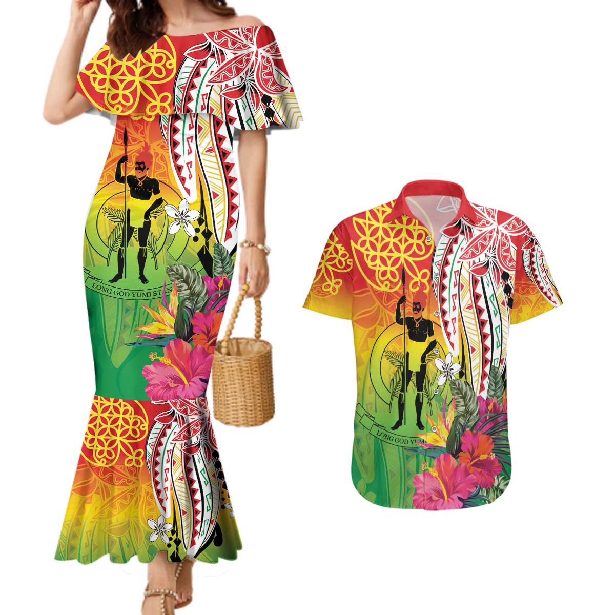 Vanuatu 45th Anniversary Couples Matching Mermaid Dress and Hawaiian Shirt Polynesian with Sand Drawing Pattern