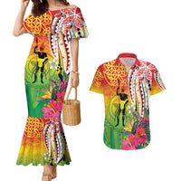 Vanuatu 45th Anniversary Couples Matching Mermaid Dress and Hawaiian Shirt Polynesian with Sand Drawing Pattern
