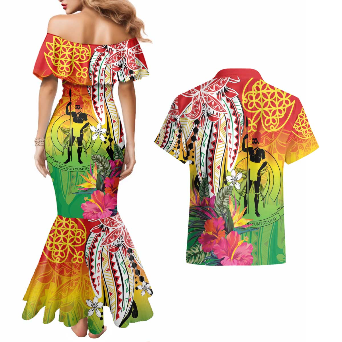 Vanuatu 45th Anniversary Couples Matching Mermaid Dress and Hawaiian Shirt Polynesian with Sand Drawing Pattern