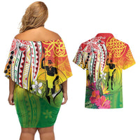 Vanuatu 45th Anniversary Couples Matching Off Shoulder Short Dress and Hawaiian Shirt Polynesian with Sand Drawing Pattern