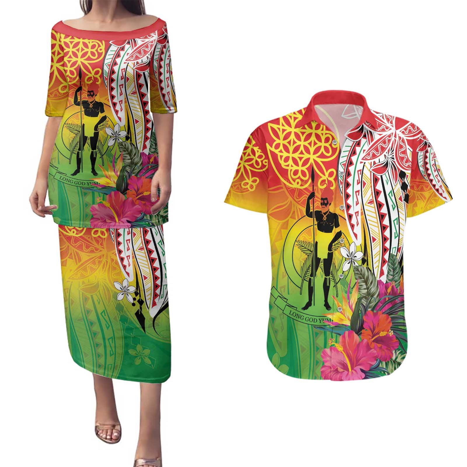 Vanuatu 45th Anniversary Couples Matching Puletasi and Hawaiian Shirt Polynesian with Sand Drawing Pattern