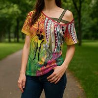 Vanuatu 45th Anniversary Cross Shoulder Shirt Polynesian with Sand Drawing Pattern - Polynesian Pride