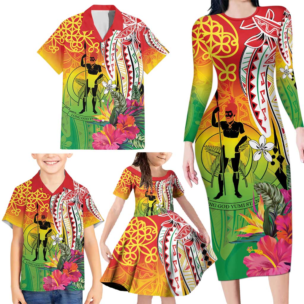 Vanuatu 45th Anniversary Family Matching Long Sleeve Bodycon Dress and Hawaiian Shirt Polynesian with Sand Drawing Pattern