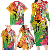 Vanuatu 45th Anniversary Family Matching Long Sleeve Bodycon Dress and Hawaiian Shirt Polynesian with Sand Drawing Pattern