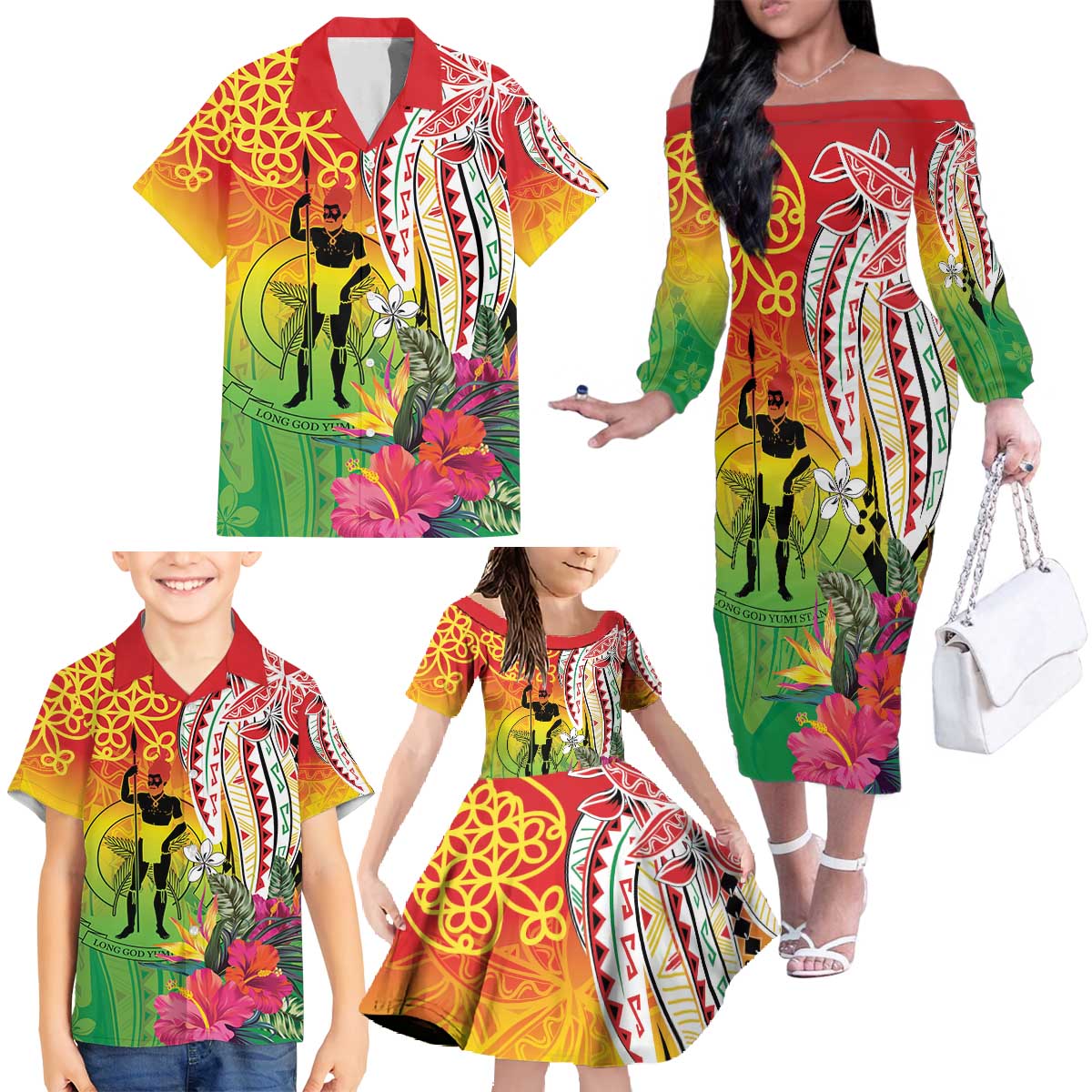 Vanuatu 45th Anniversary Family Matching Off The Shoulder Long Sleeve Dress and Hawaiian Shirt Polynesian with Sand Drawing Pattern