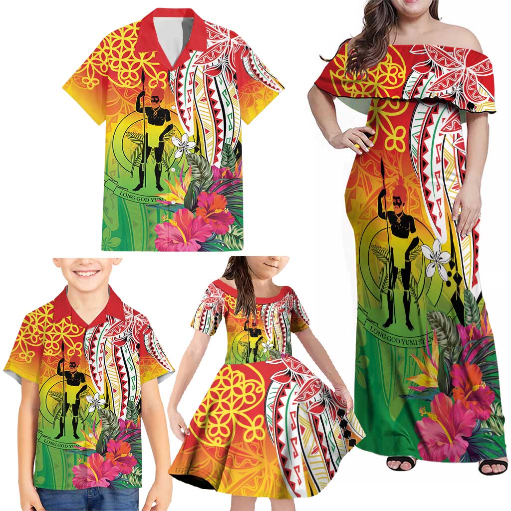 Vanuatu 45th Anniversary Family Matching Off Shoulder Maxi Dress and Hawaiian Shirt Polynesian with Sand Drawing Pattern