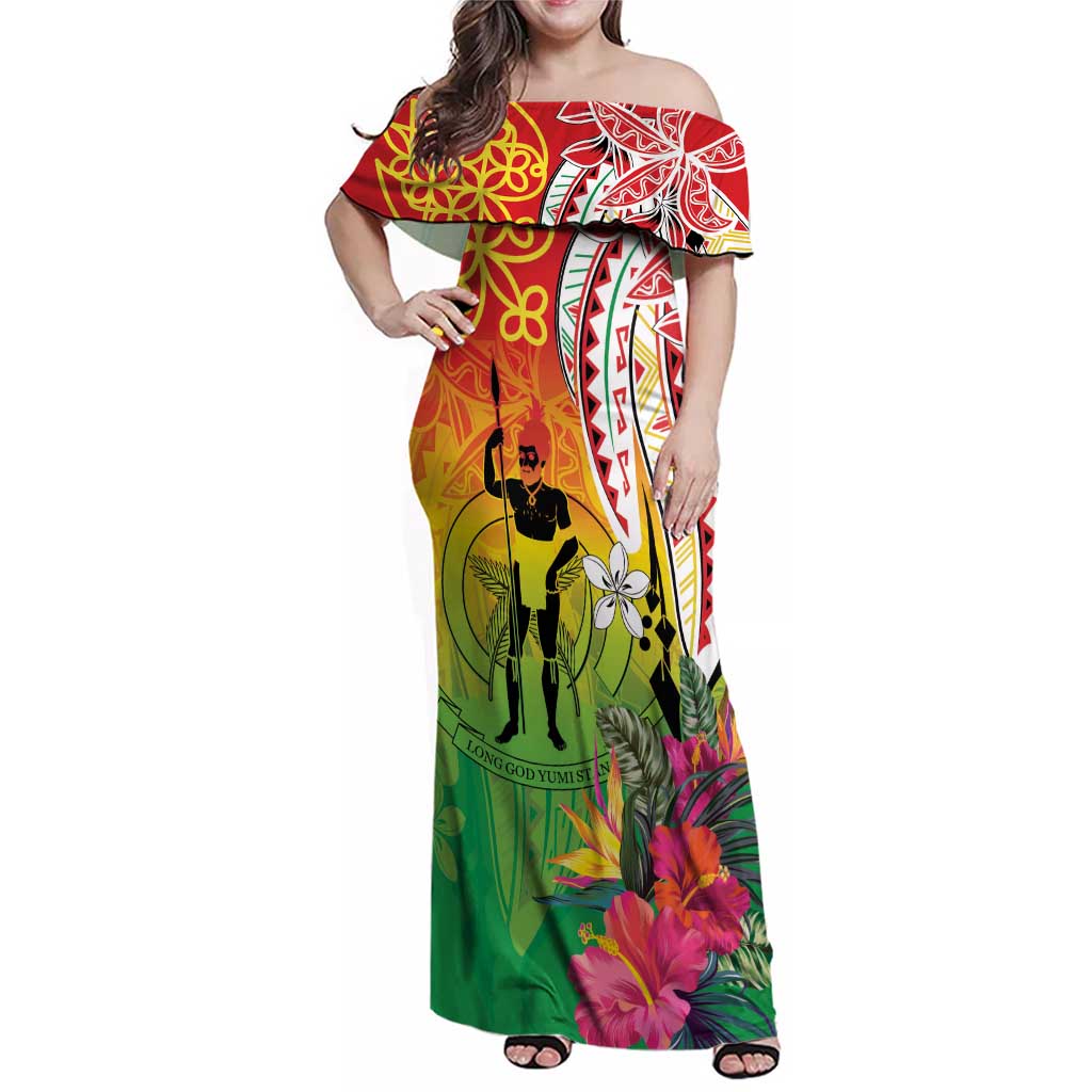 Vanuatu 45th Anniversary Family Matching Off Shoulder Maxi Dress and Hawaiian Shirt Polynesian with Sand Drawing Pattern