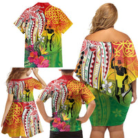 Vanuatu 45th Anniversary Family Matching Off Shoulder Short Dress and Hawaiian Shirt Polynesian with Sand Drawing Pattern