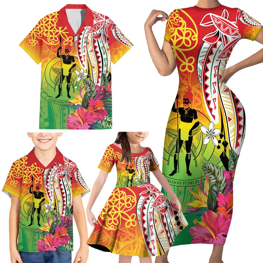 Vanuatu 45th Anniversary Family Matching Short Sleeve Bodycon Dress and Hawaiian Shirt Polynesian with Sand Drawing Pattern