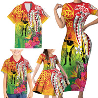 Vanuatu 45th Anniversary Family Matching Short Sleeve Bodycon Dress and Hawaiian Shirt Polynesian with Sand Drawing Pattern