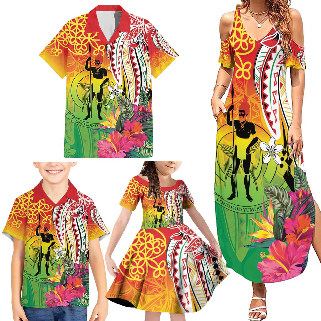 Vanuatu 45th Anniversary Family Matching Summer Maxi Dress and Hawaiian Shirt Polynesian with Sand Drawing Pattern