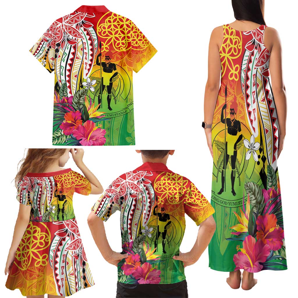 Vanuatu 45th Anniversary Family Matching Tank Maxi Dress and Hawaiian Shirt Polynesian with Sand Drawing Pattern