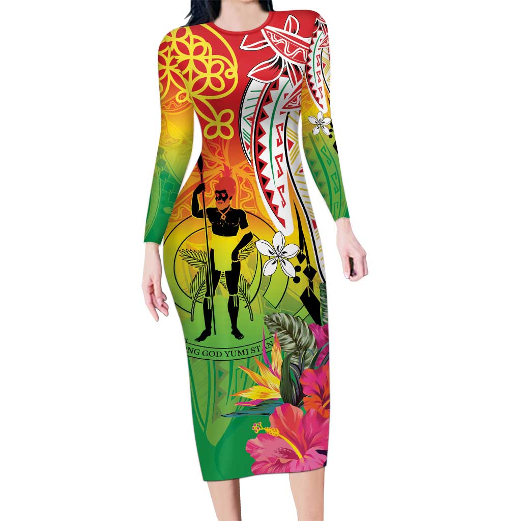 Vanuatu 45th Anniversary Long Sleeve Bodycon Dress Polynesian with Sand  Drawing Pattern
