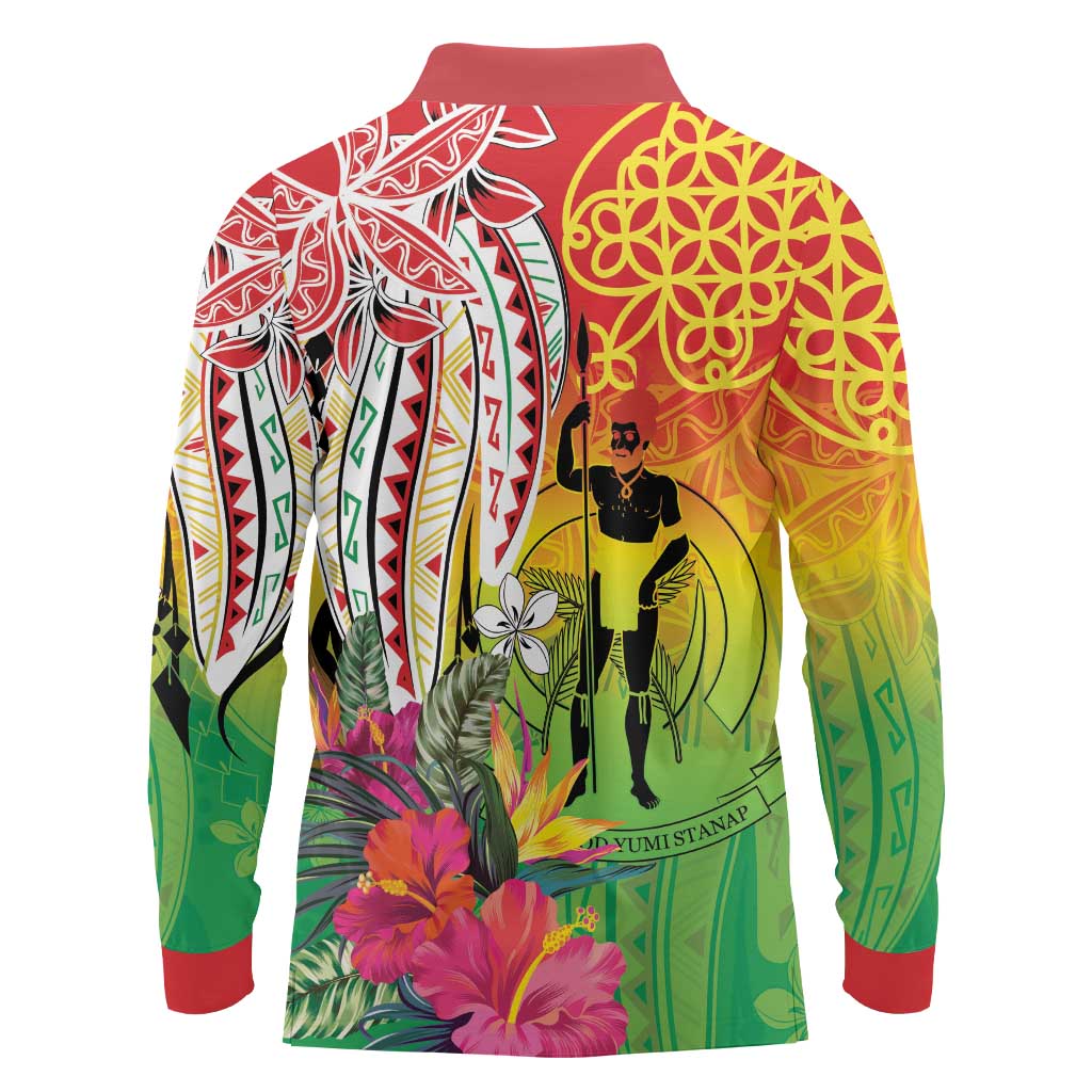 Vanuatu 45th Anniversary Long Sleeve Polo Shirt Polynesian with Sand Drawing Pattern