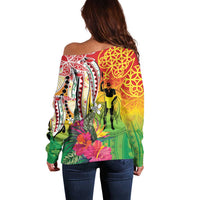 Vanuatu 45th Anniversary Off Shoulder Sweater Polynesian with Sand Drawing Pattern