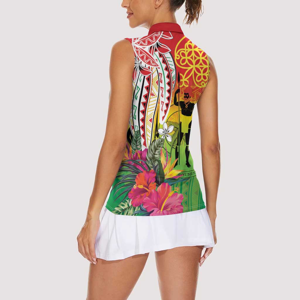 Vanuatu 45th Anniversary Women Sleeveless Polo Shirt Polynesian with Sand Drawing Pattern