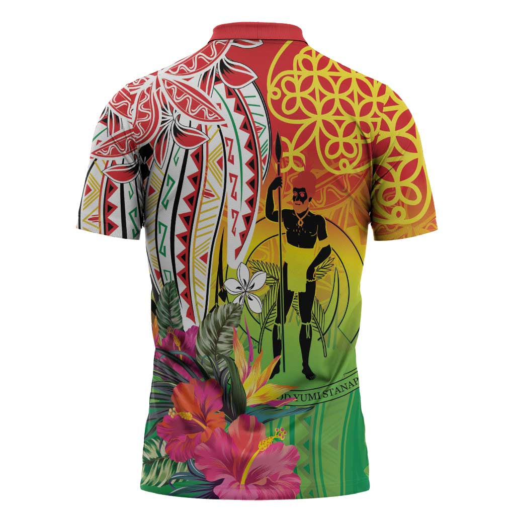 Vanuatu 45th Anniversary Zipper Polo Shirt Polynesian with Sand Drawing Pattern - Polynesian Pride