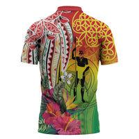 Vanuatu 45th Anniversary Zipper Polo Shirt Polynesian with Sand Drawing Pattern - Polynesian Pride