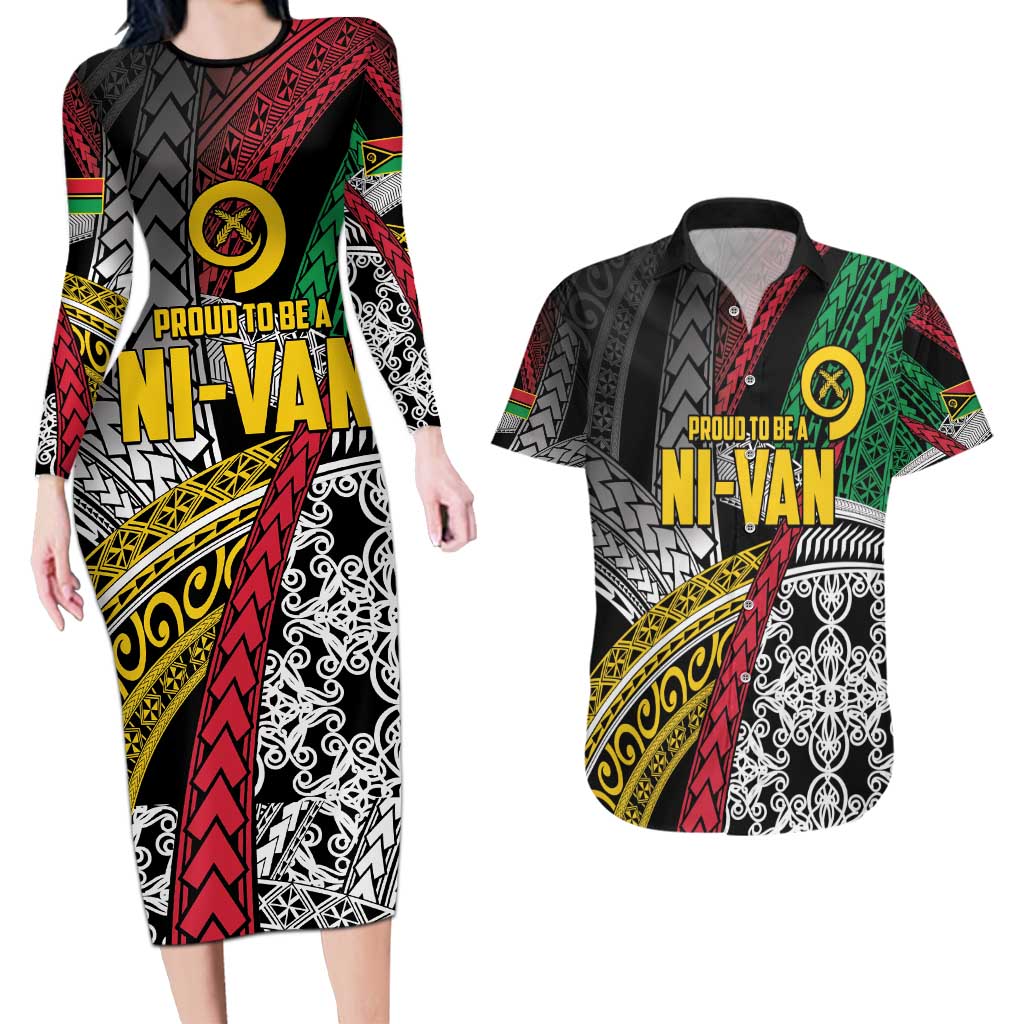Vanuatu Proud to be Ni-van Personalised Couples Matching Long Sleeve Bodycon Dress and Hawaiian Shirt with Mutis En Atan Patterns