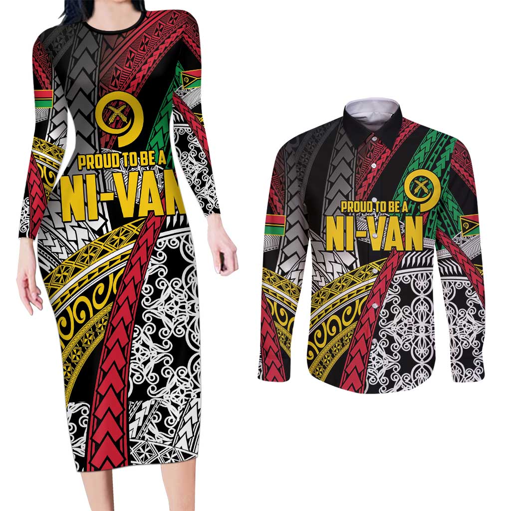 Vanuatu Proud to be Ni-van Personalised Couples Matching Long Sleeve Bodycon Dress and Long Sleeve Button Shirt with Mutis En Atan Patterns