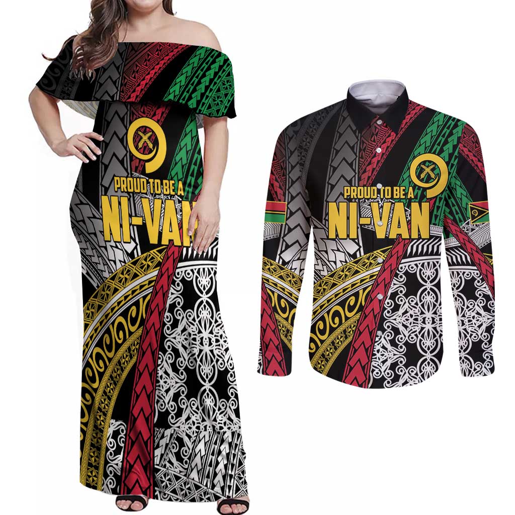 Vanuatu Proud to be Ni-van Personalised Couples Matching Off Shoulder Maxi Dress and Long Sleeve Button Shirt with Mutis En Atan Patterns