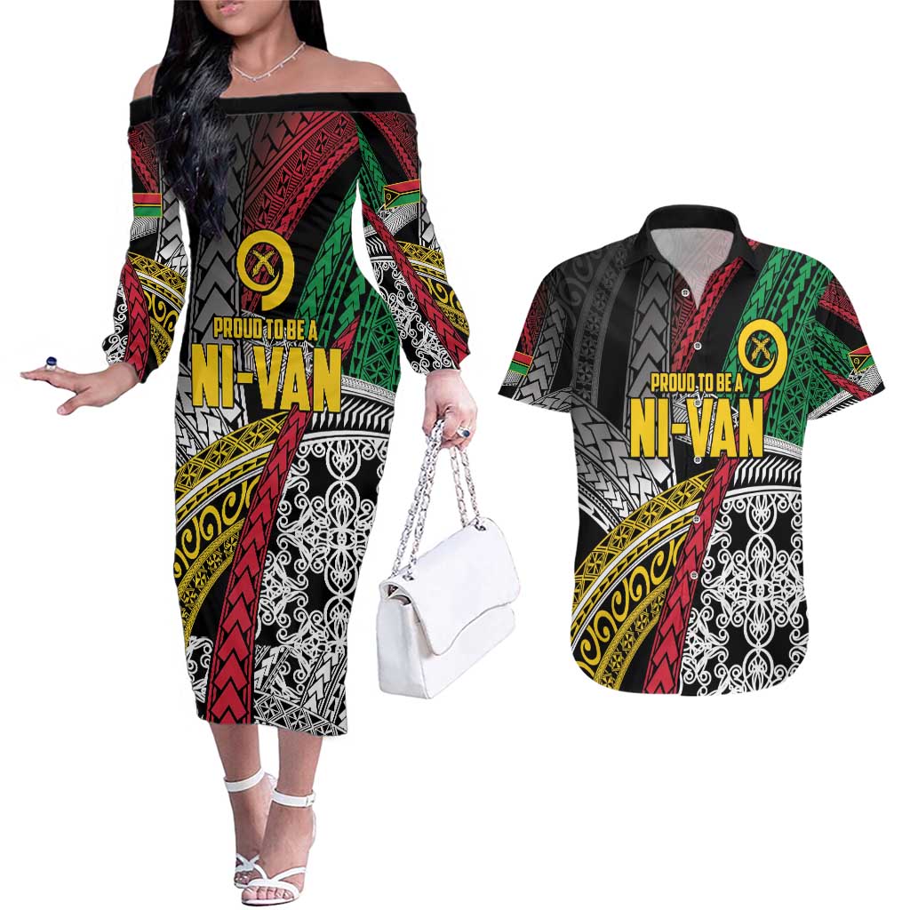 Vanuatu Proud to be Ni-van Personalised Couples Matching Off The Shoulder Long Sleeve Dress and Hawaiian Shirt with Mutis En Atan Patterns