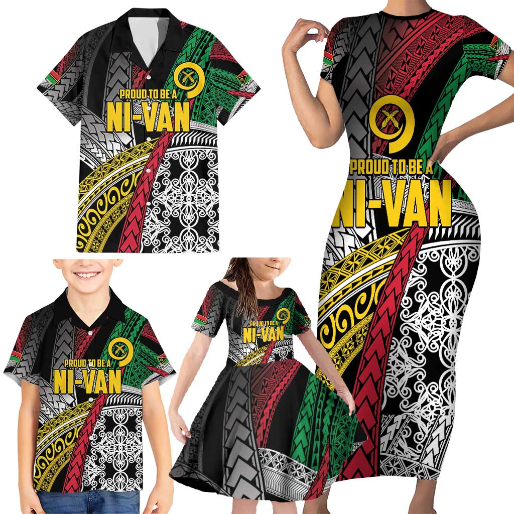 Vanuatu Proud to be Ni-van Personalised Family Matching Short Sleeve Bodycon Dress and Hawaiian Shirt with Mutis En Atan Patterns