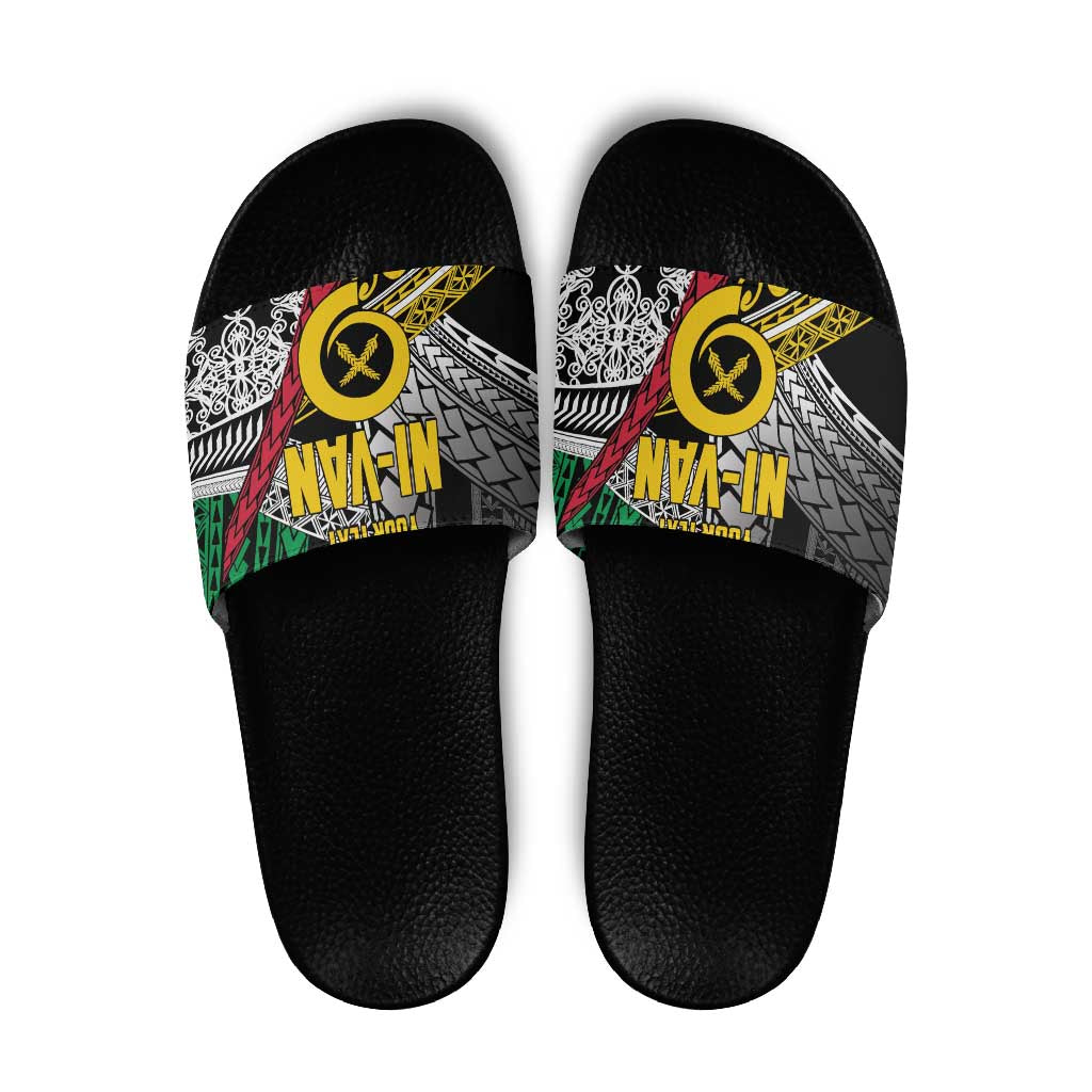 Vanuatu Proud to be Ni-van Personalised Slide Sandals with Mutis En Atan Patterns LT9 Black - Polynesian Pride
