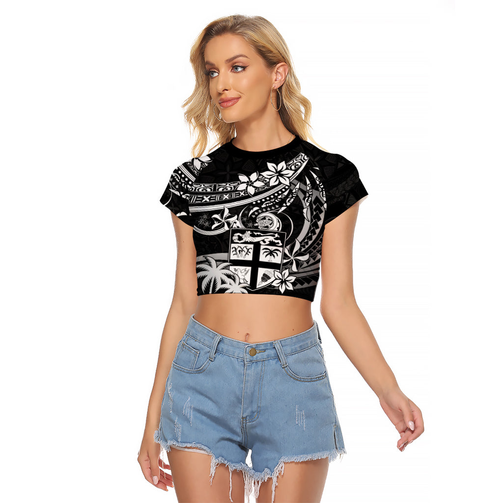 Fiji Islands Raglan Cropped T Shirt Coat of Arms Fijian Flower Polynesian Pattern - Black LT9 Female Black - Polynesian Pride