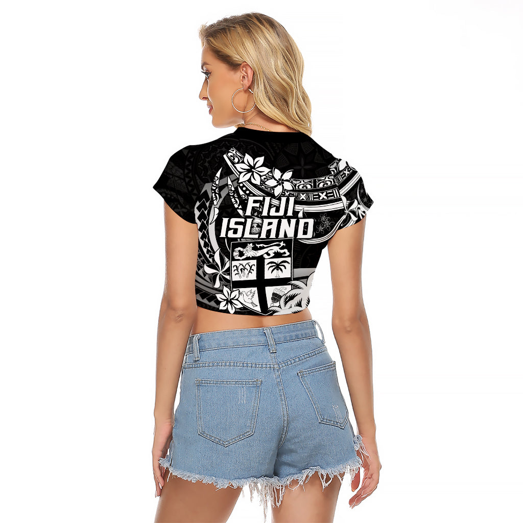 Fiji Islands Raglan Cropped T Shirt Coat of Arms Fijian Flower Polynesian Pattern - Black LT9 - Polynesian Pride