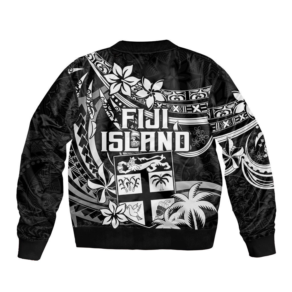 Fiji Islands Sleeve Zip Bomber Jacket Coat of Arms Fijian Flower Polynesian Pattern - Black LT9 - Polynesian Pride