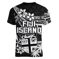 Fiji Islands Women V Neck T Shirt Coat of Arms Fijian Flower Polynesian Pattern - Black LT9 - Polynesian Pride