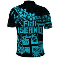 Fiji Islands Polo Shirt Coat of Arms Fijian Flower Polynesian Pattern Aqua LT9 - Polynesian Pride