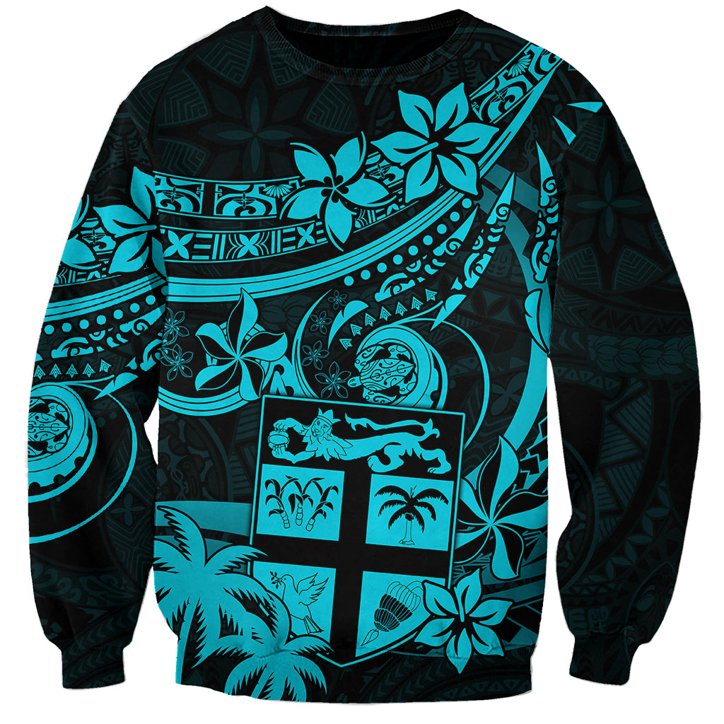 Fiji Islands Sweatshirt Coat of Arms Fijian Flower Polynesian Pattern - Aqua LT9 Unisex Aqua - Polynesian Pride