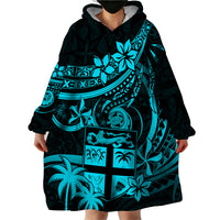 Fiji Islands Wearable Blanket Hoodie Coat of Arms Fijian Flower Polynesian Pattern - Aqua LT9 - Polynesian Pride