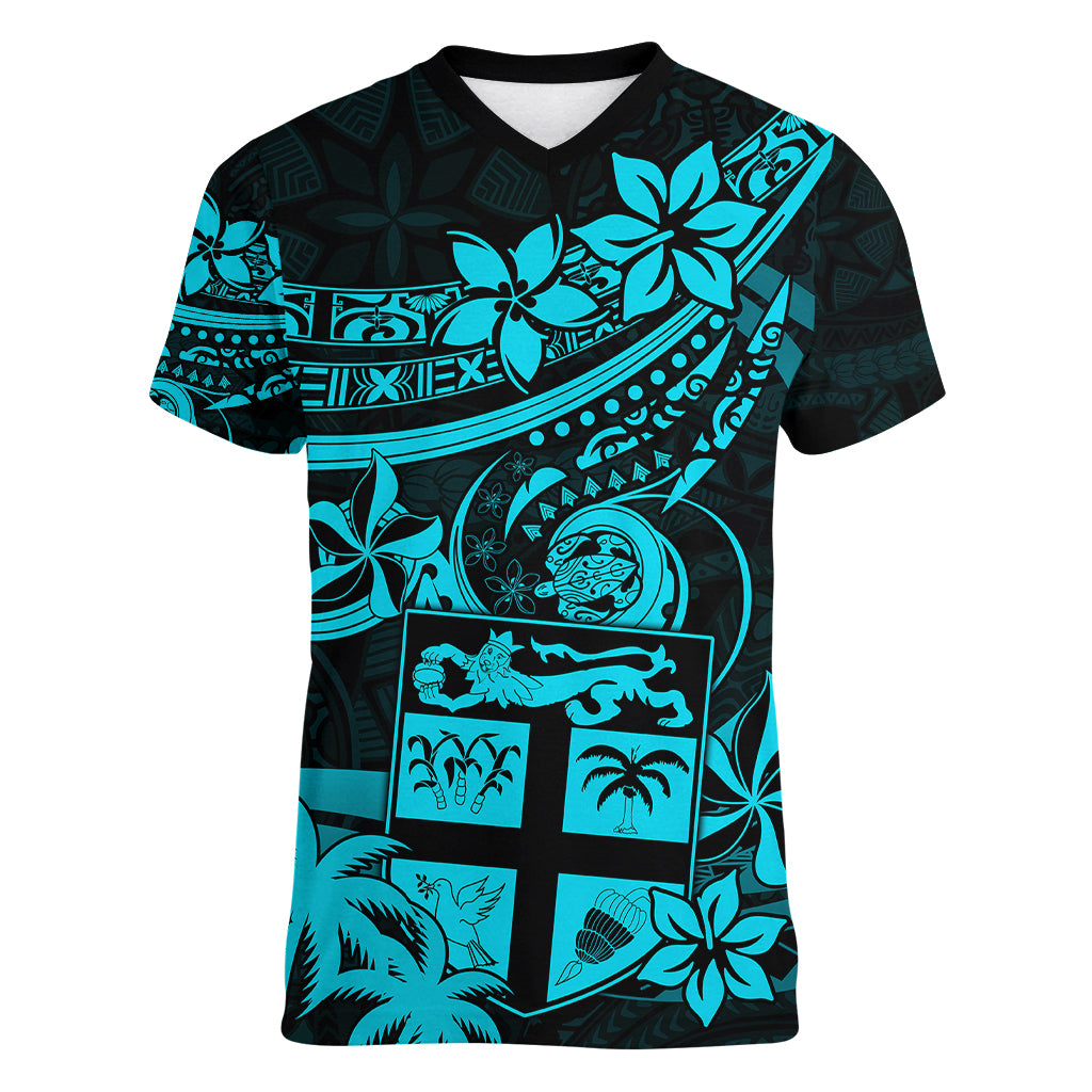 Fiji Islands Women V Neck T Shirt Coat of Arms Fijian Flower Polynesian Pattern - Aqua LT9 Female Aqua - Polynesian Pride